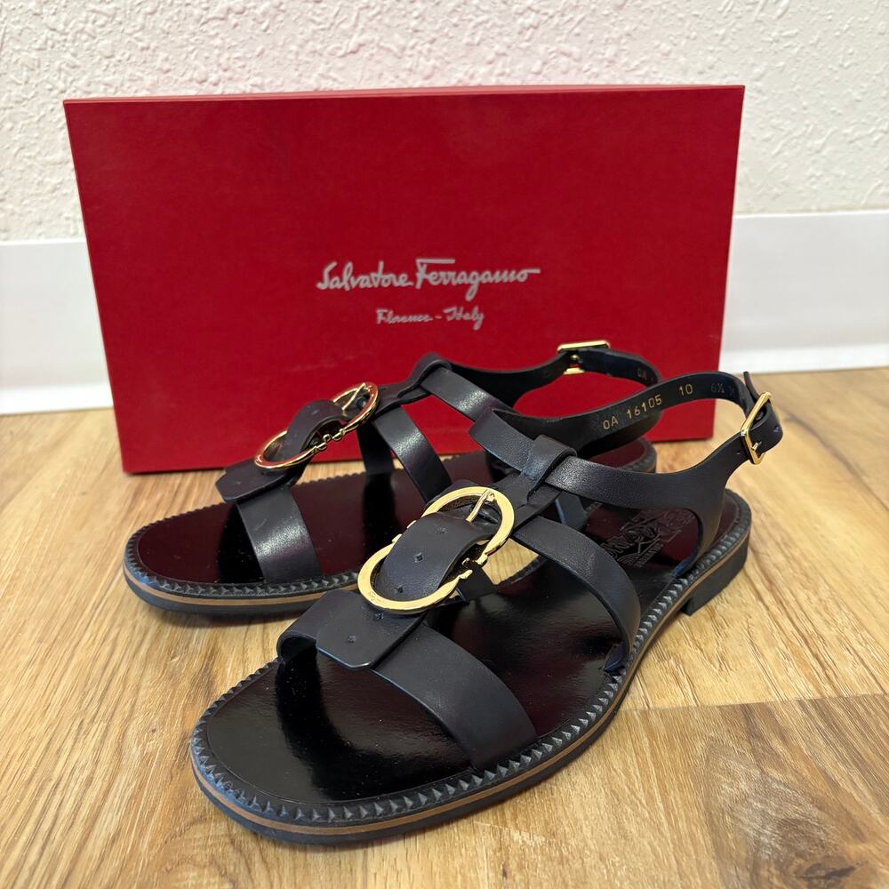 Ferragamo Elisir Flat Leather Sandals Black Gold Size 6.5